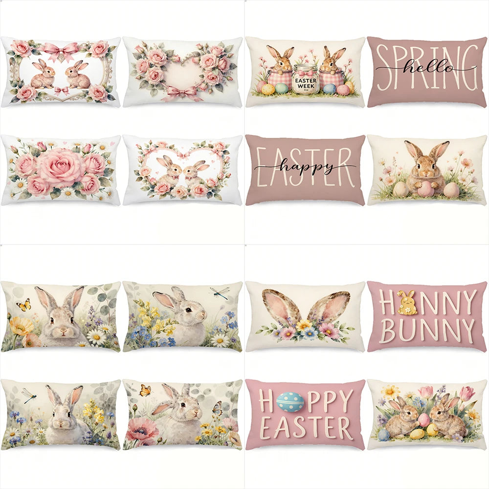 Påskinspirerade kuddfodral med kaninmotiv – 4-pack