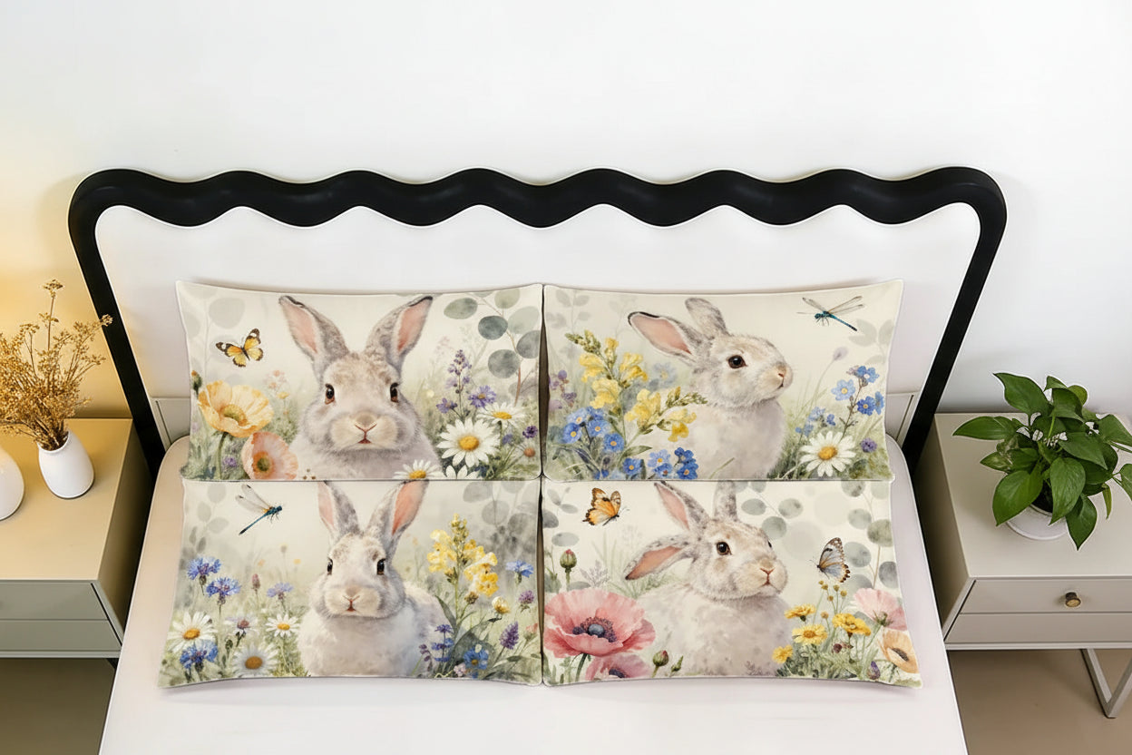 Påskinspirerade kuddfodral med kaninmotiv – 4-pack