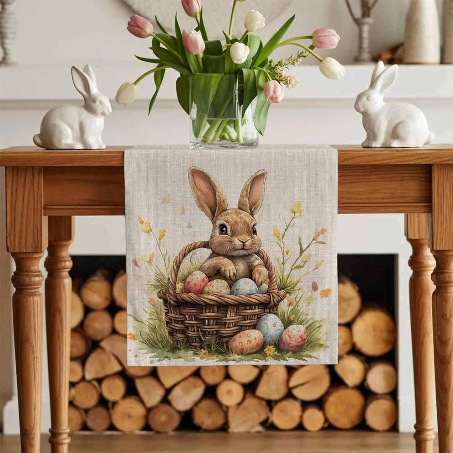 Bordslöpare i linne med påskhare & ägg