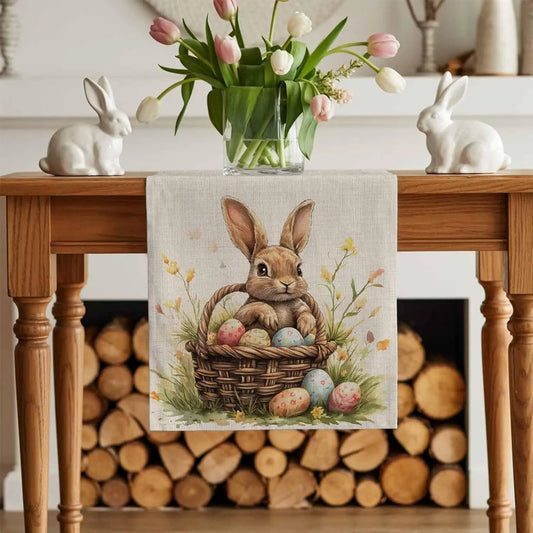 Bordslöpare i linne med påskhare & ägg