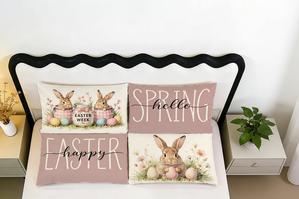 Påskinspirerade kuddfodral med kaninmotiv – 4-pack