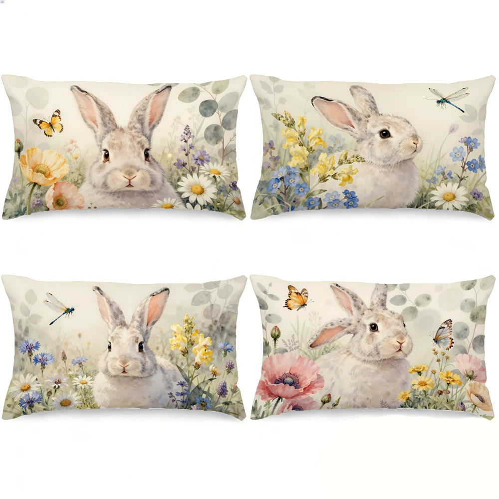 Påskinspirerade kuddfodral med kaninmotiv – 4-pack
