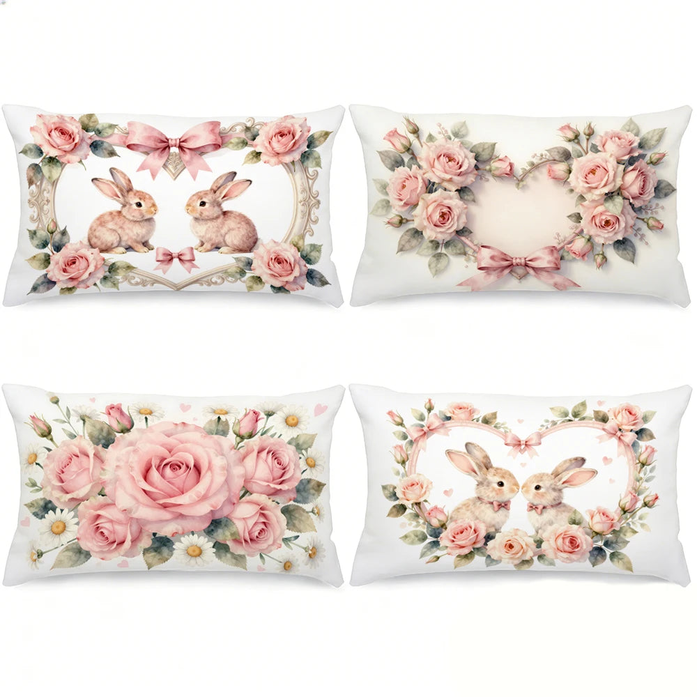 Påskinspirerade kuddfodral med kaninmotiv – 4-pack