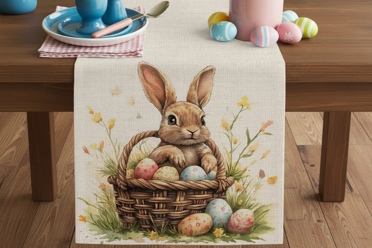 Bordslöpare i linne med påskhare & ägg