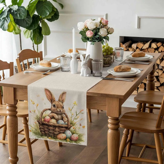 Bordslöpare i linne med påskhare & ägg