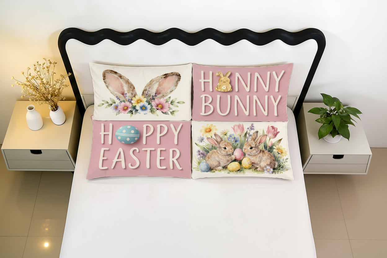 Påskinspirerade kuddfodral med kaninmotiv – 4-pack