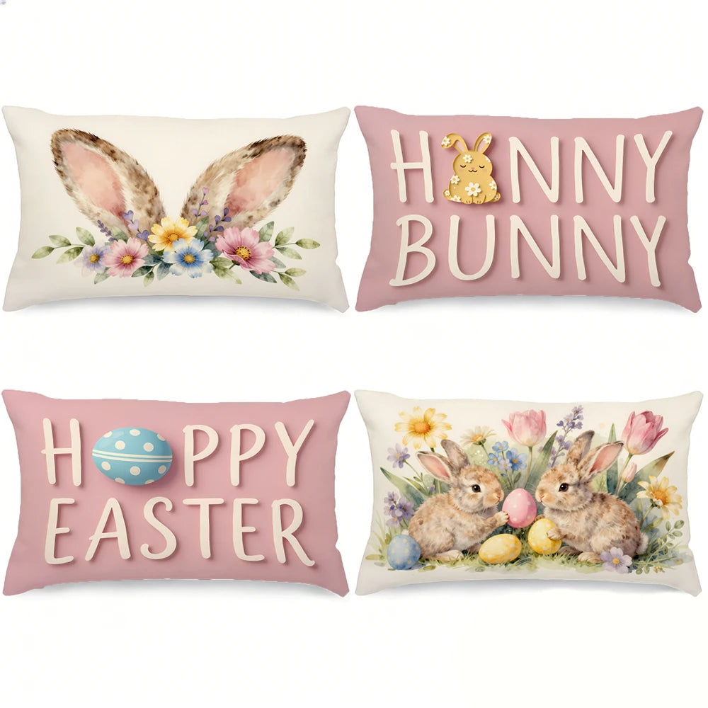 Påskinspirerade kuddfodral med kaninmotiv – 4-pack