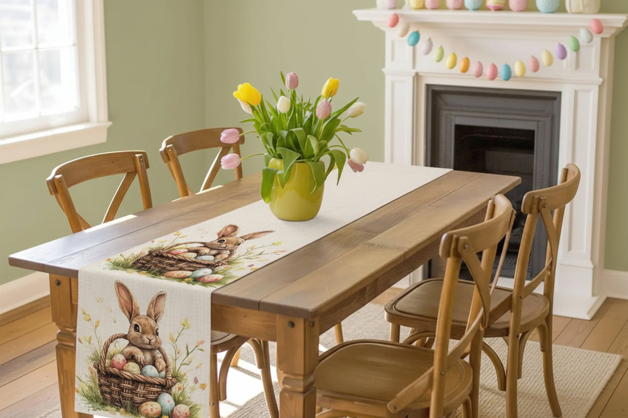 Bordslöpare i linne med påskhare & ägg