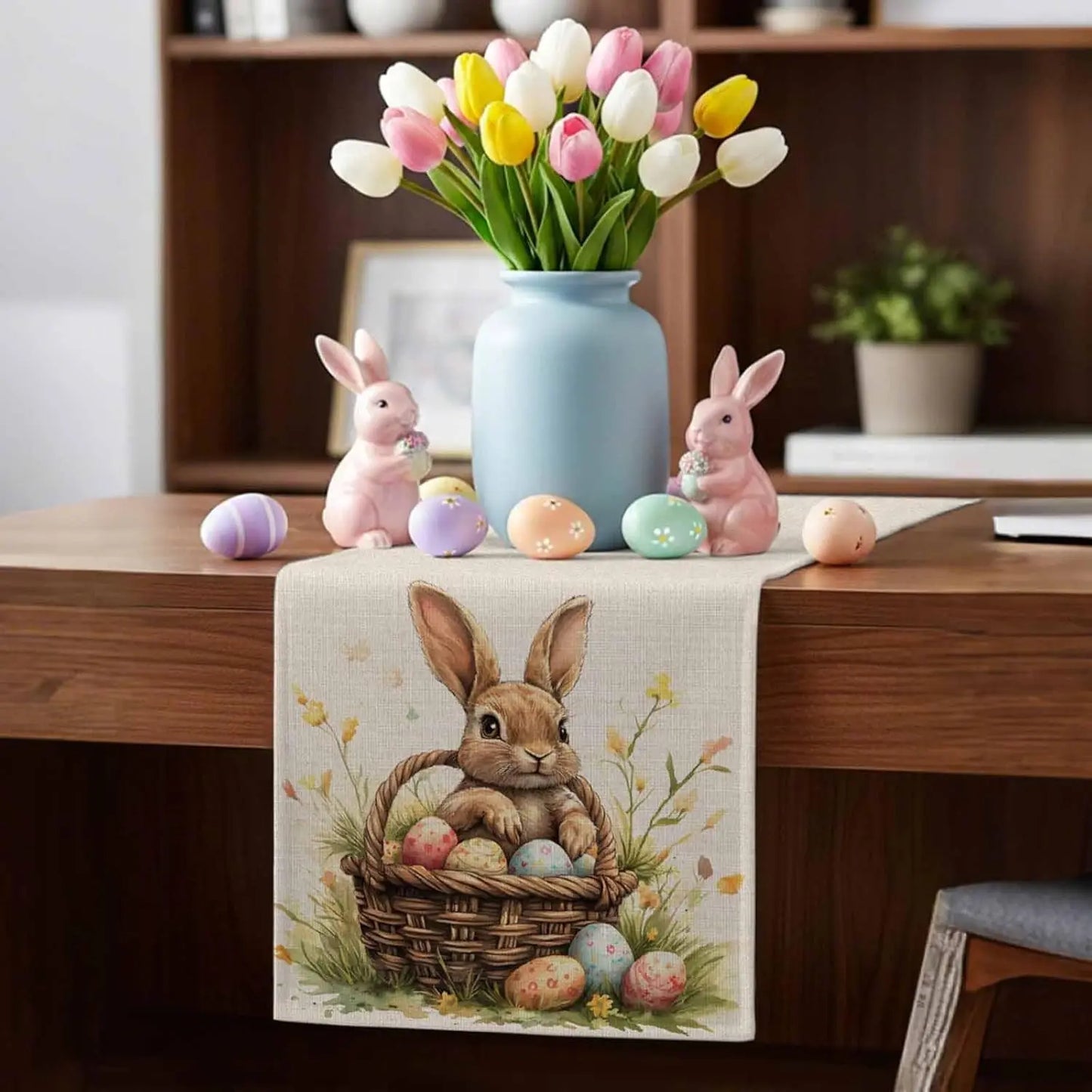 Bordslöpare i linne med påskhare & ägg