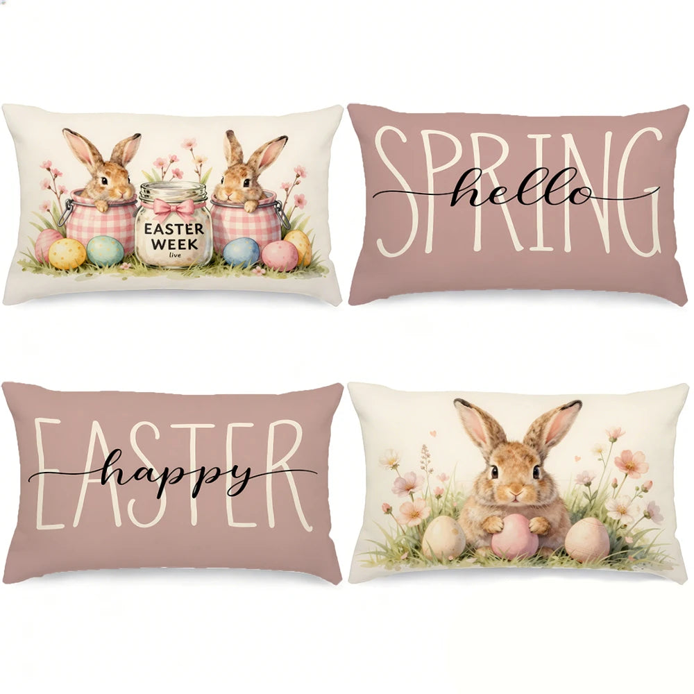 Påskinspirerade kuddfodral med kaninmotiv – 4-pack